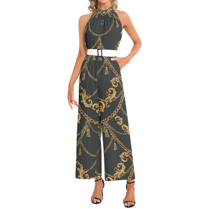 Halter Neck Buckle Belted Jumpsuit